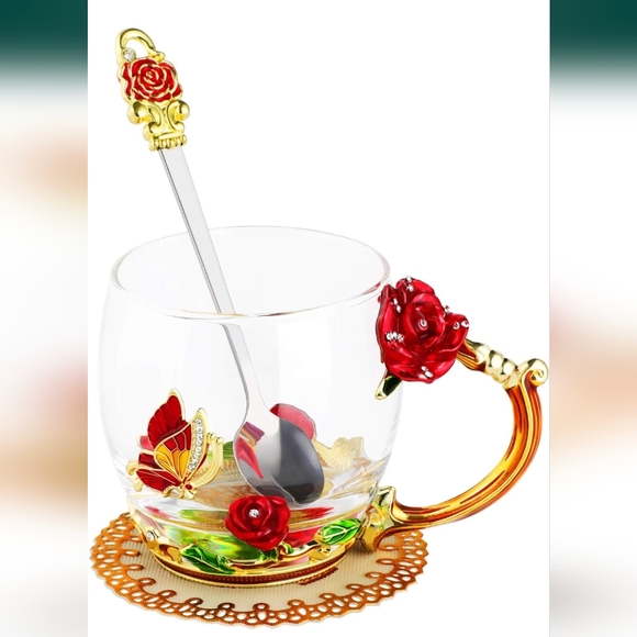 NWOT Red Rose & Butterfly Tea/Coffee Mug W/Silver Spoon - Picture 2 of 6